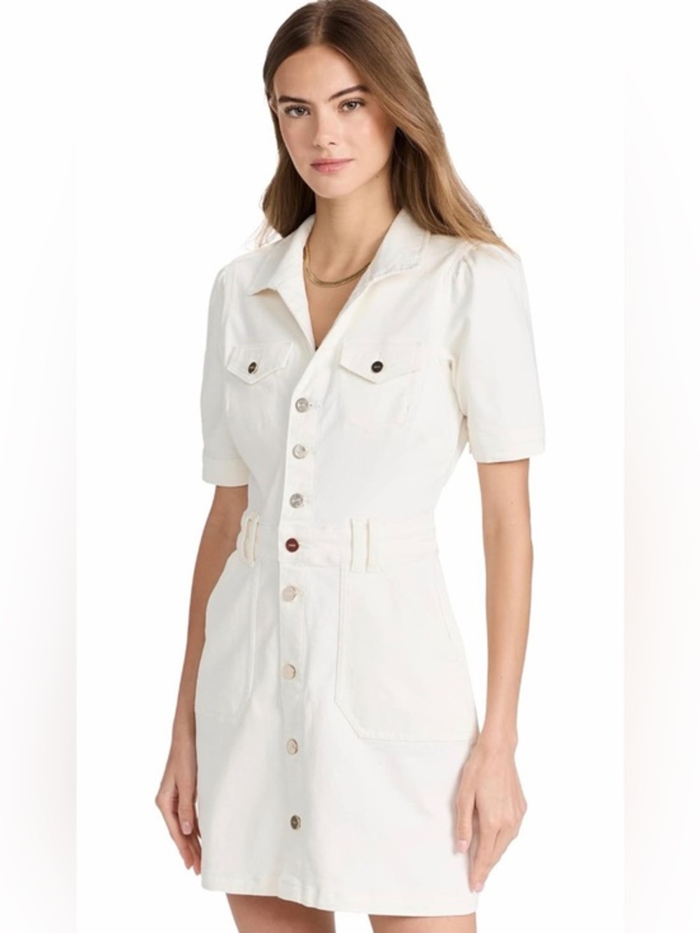 PAIGE Mayslie Denim Mini Dress White Blank Canvas Utility Button Front Size 12